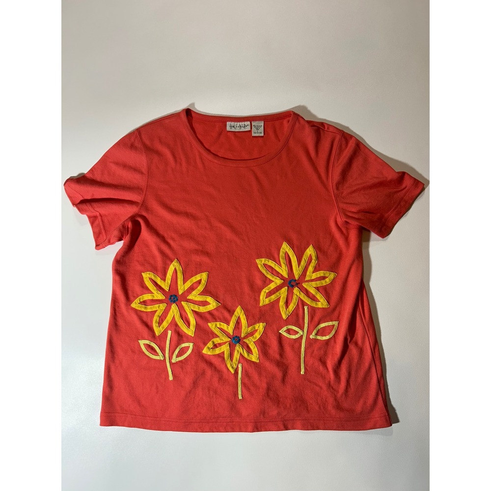 Kim Rogers T-Shirt Womens Large Coral Excellent Floral Applique Short Sleeve Top